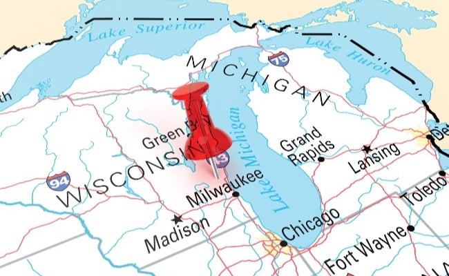 map of Wisconsin with a red push pin north of Milwaukee