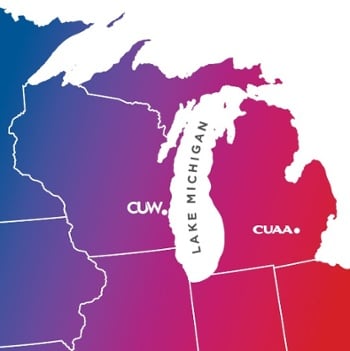 CUW and CUAA Location on a Map of Wisconsin, Michigan, and Lake Michigan